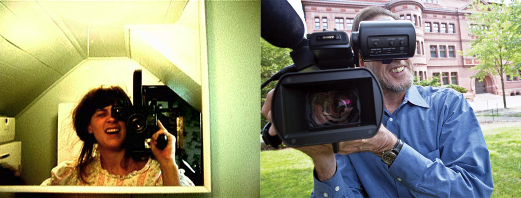 Fig. 1: Two filmmakers demonstrate their camera grimaces: Joel DeMott (left, c. 1980) and Ross McElwee (right, 2009).