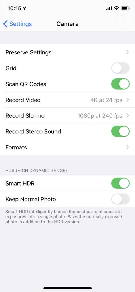 Screenshot: iOS camera settings