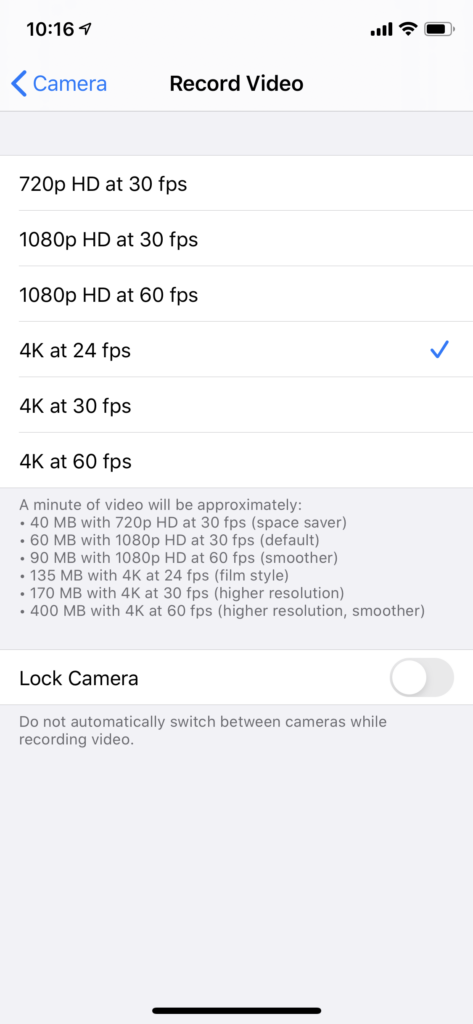 Screenshot: iOS "Record Video" submenu